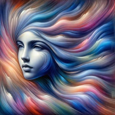 The primary subject of the image is a woman's face, which is the focal point of the artwork. The setting is a colorful, abstract background that complements the woman's face. The visual style is a combination of digital art and illustration, creating a unique and vibrant appearance. The colors and mood of the image are predominantly blue and pink, giving it a warm and inviting atmosphere.